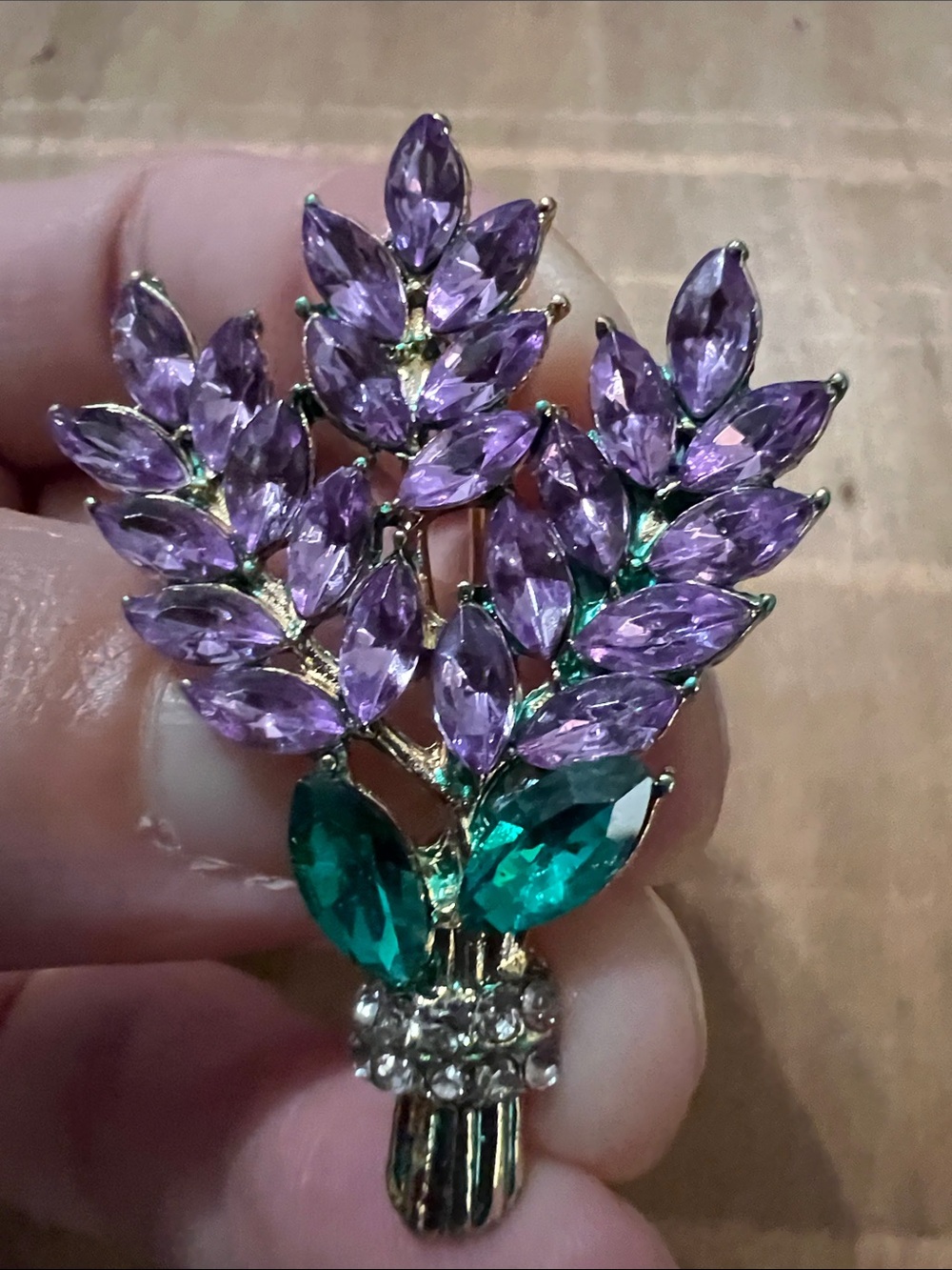3/$18 Purple and Green Floral Crystal Brooch -  Lot 589